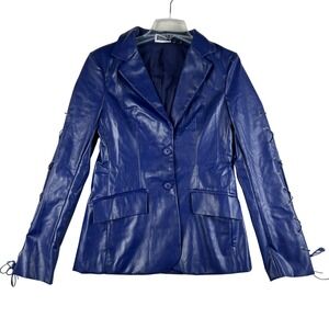 Reclaimed Vintage Blazer Womens 6 Blue Faux Leather Lace Up Sleeve Jacket Lined‎